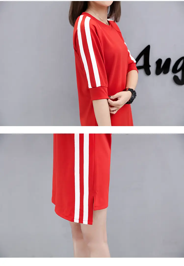 Women Red Three Quarter Sleeve Casual Dress Mid Length — feature 19