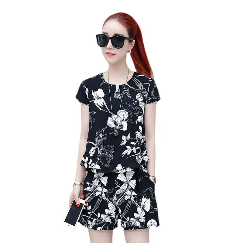 Women's Black Floral Shorts Set Plus Size Summer Wear