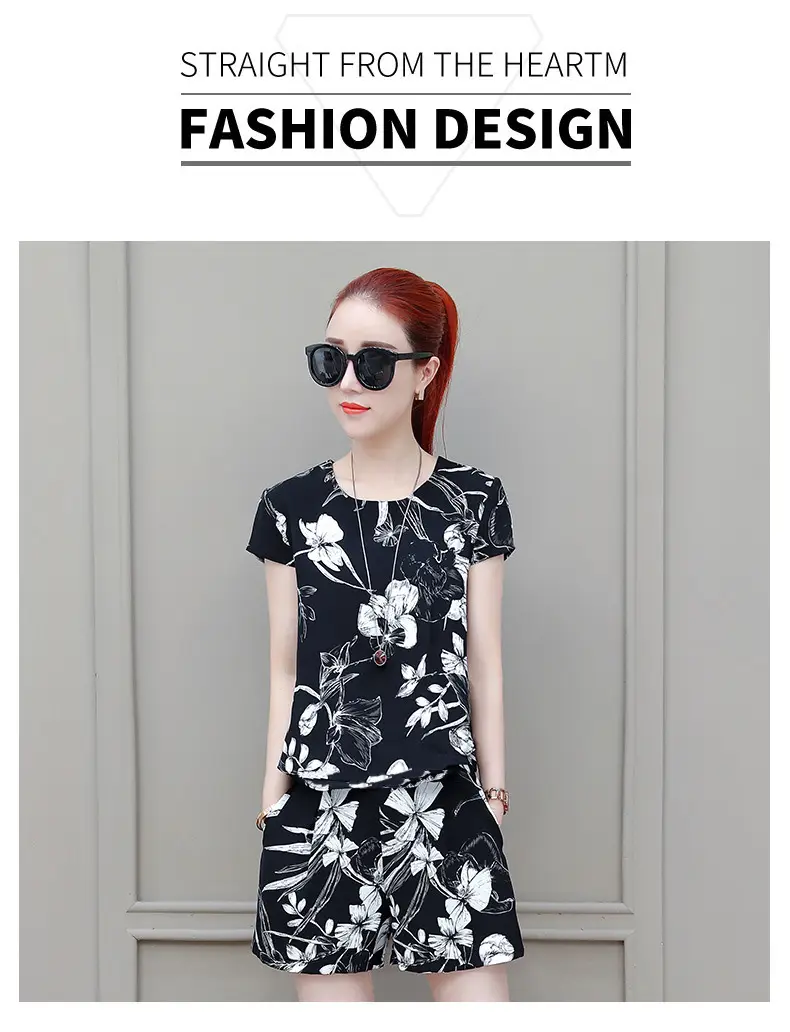 Women's Black Floral Shorts Set Plus Size Summer Wear — feature 8