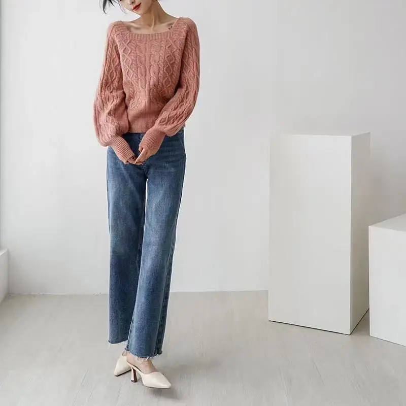Women's Knitted Square Collar Pullover Sweater Set