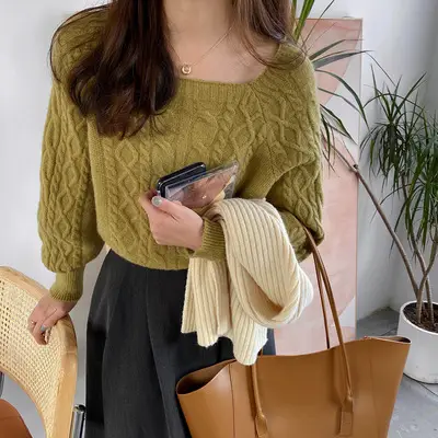 Women's Knitted Square Collar Pullover Sweater Set