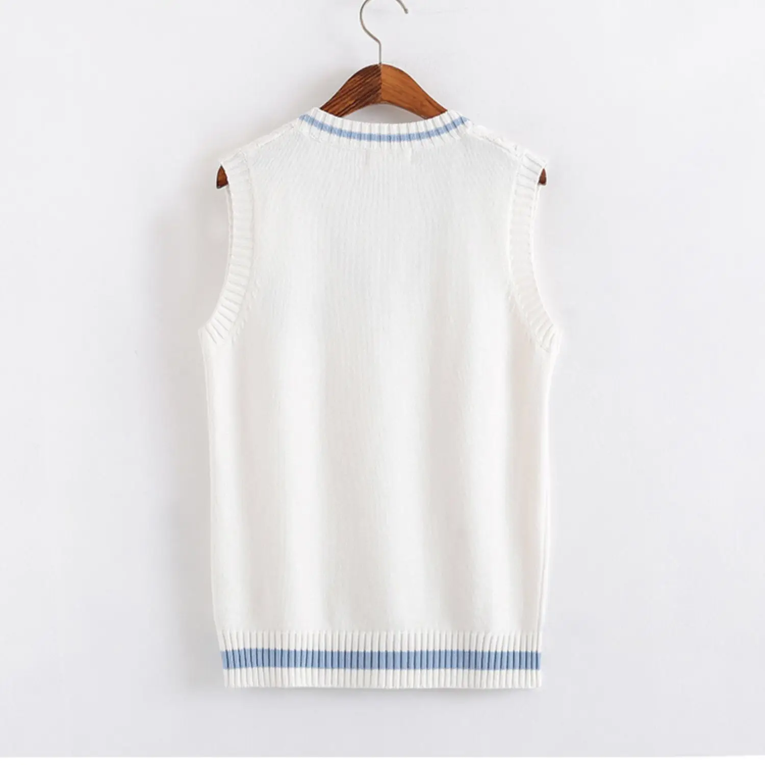 New Jk School Uniform V Neck Knitted Vest White Blue