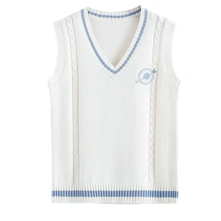 New Jk School Uniform V Neck Knitted Vest White Blue