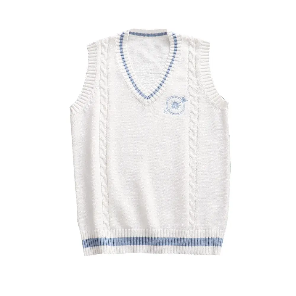 New Jk School Uniform V Neck Knitted Vest White Blue