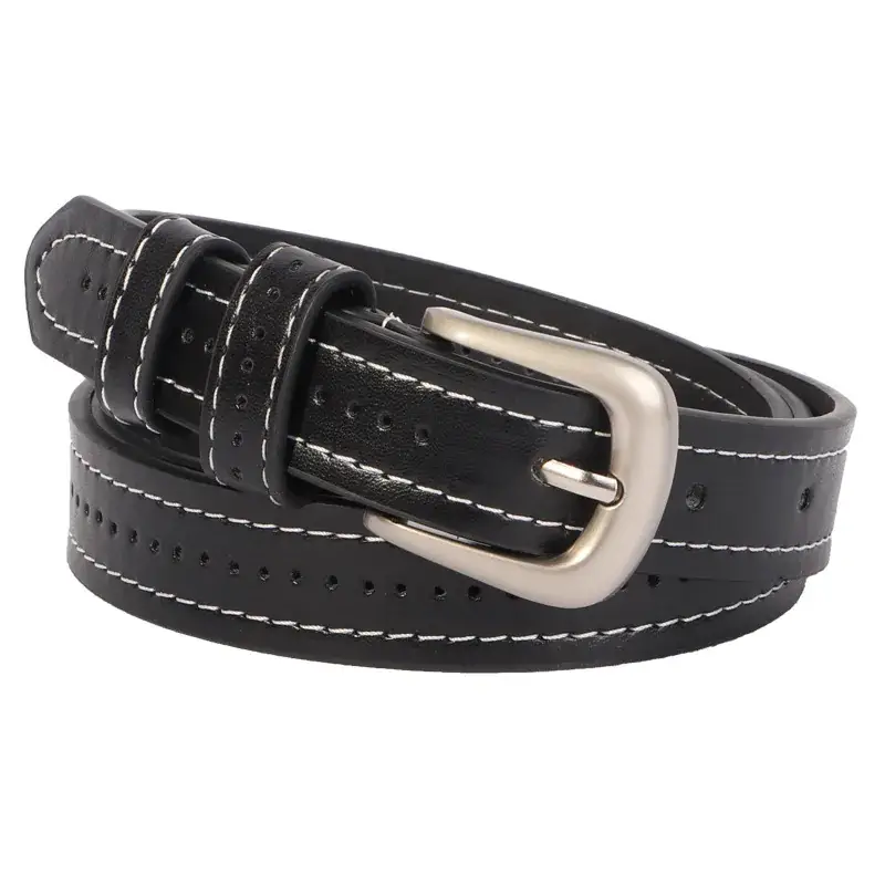 Women's Black Leather Belt with Silver Buckle - Image 10