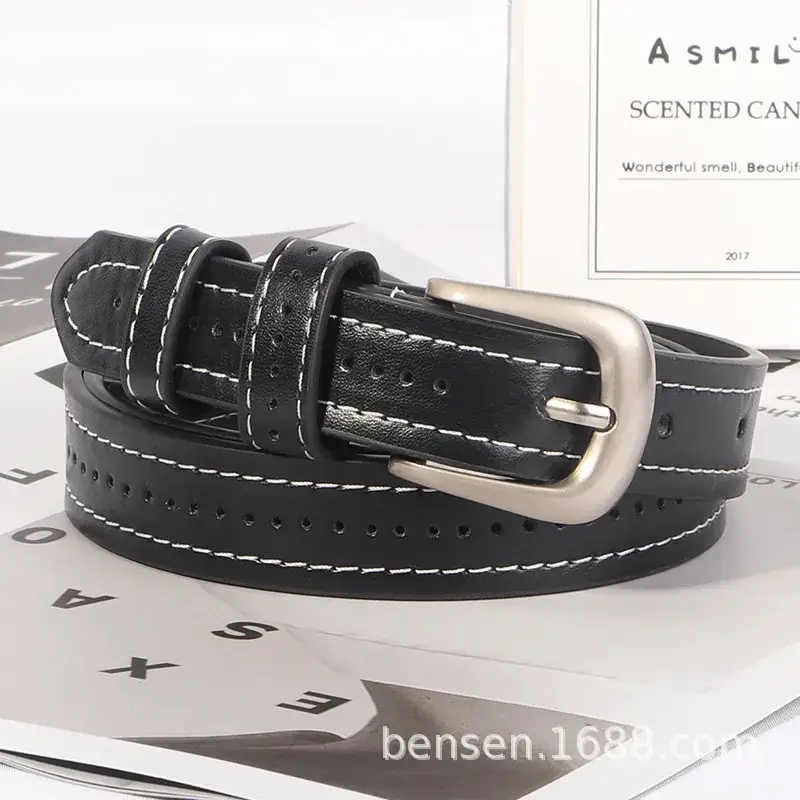 Women's Black Leather Belt with Silver Buckle - Image 2