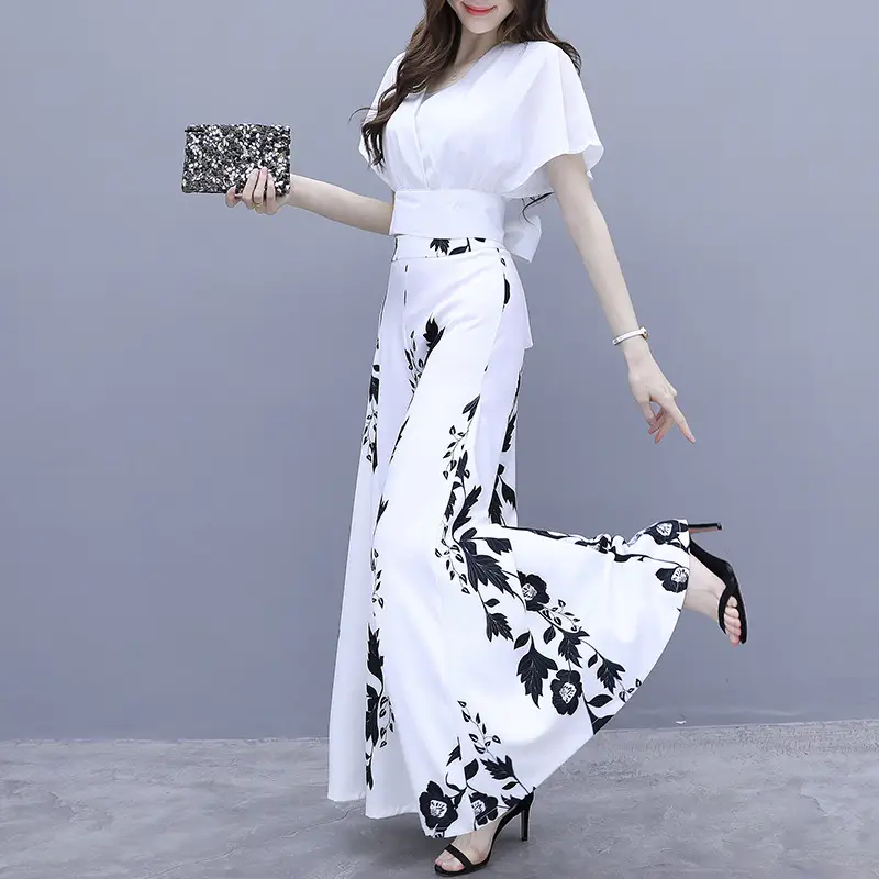 Women Printed Culottes White Black Floral High Waist Slimming Pants - Image 2