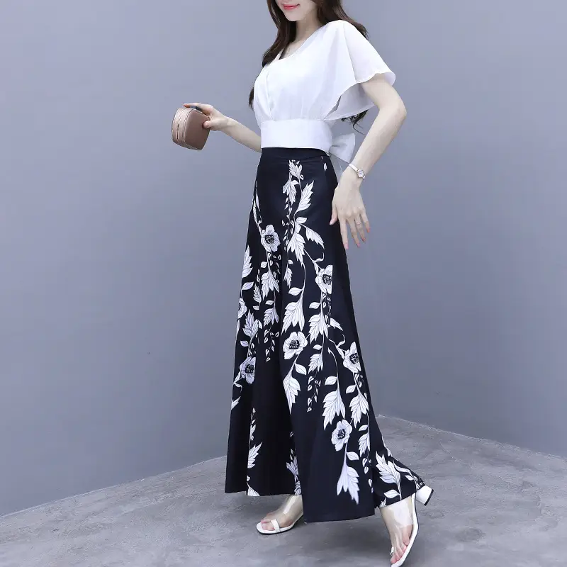 Women Printed Culottes White Black Floral High Waist Slimming Pants - Image 4