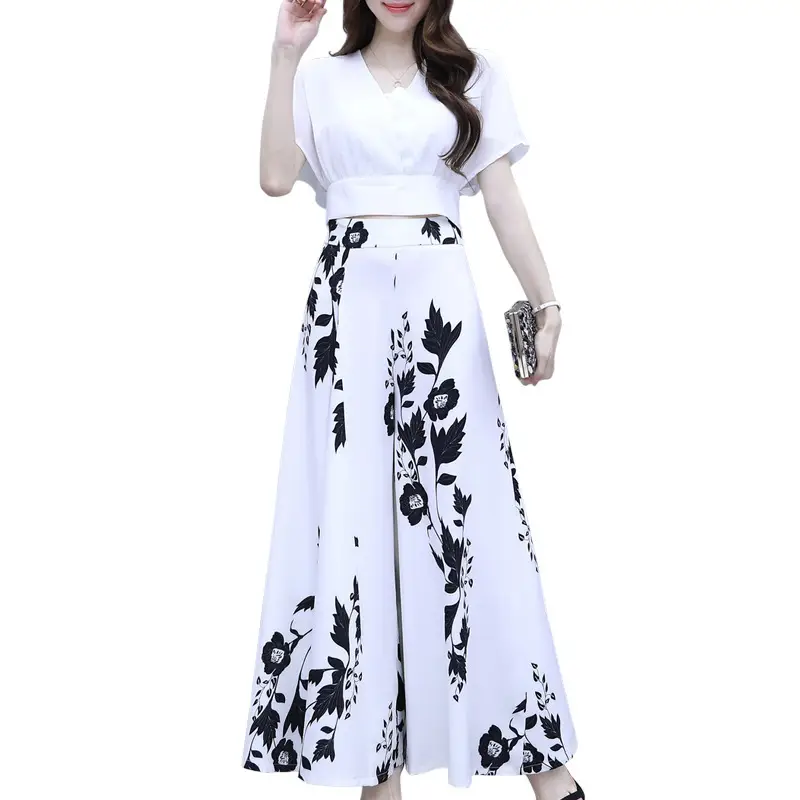 Women Printed Culottes White Black Floral High Waist Slimming Pants - Image 5