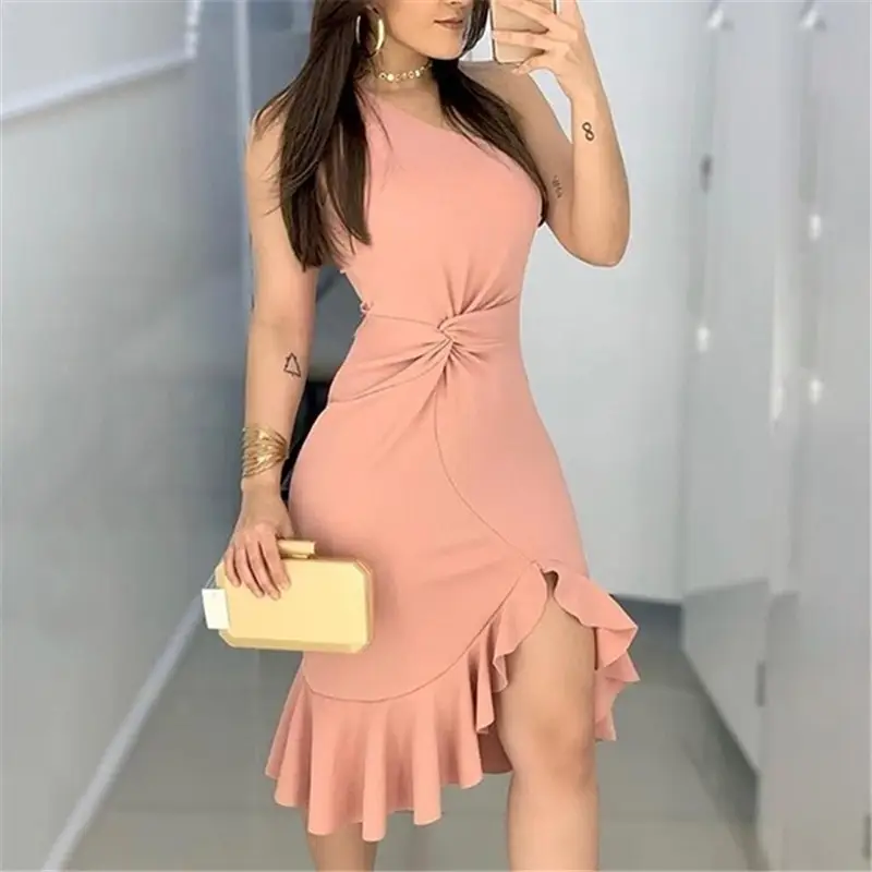 White Ruffled Slant Shoulder Mid-Waist Dress - Image 2