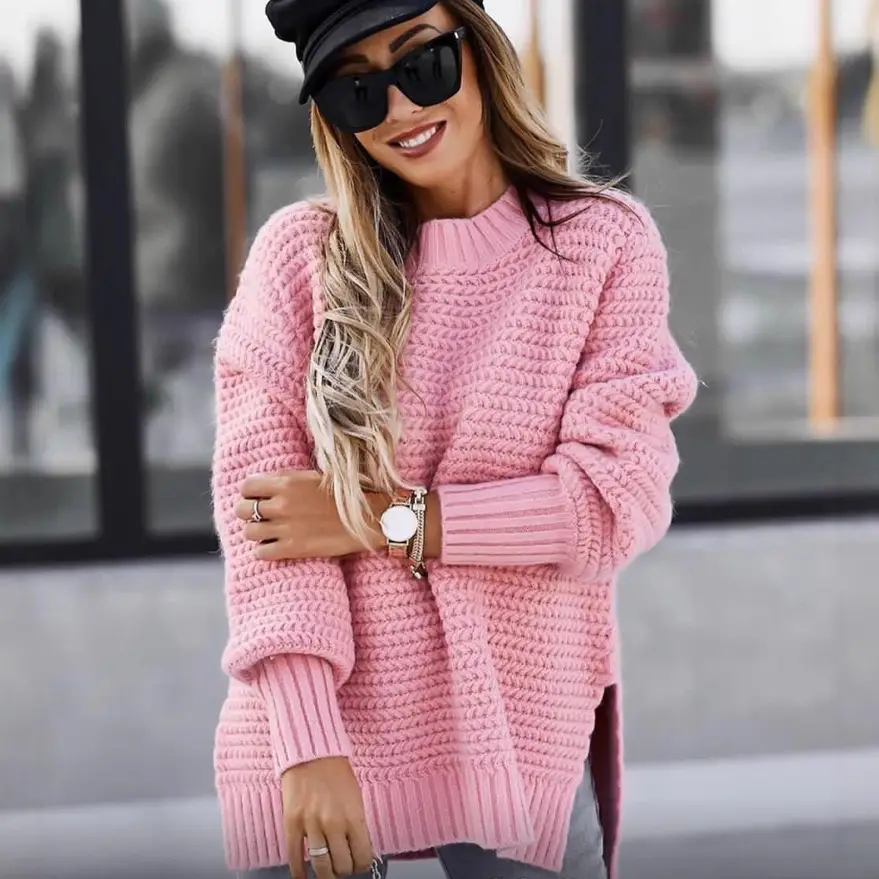 Pink Knitted Half Turtleneck Sweater for Women
