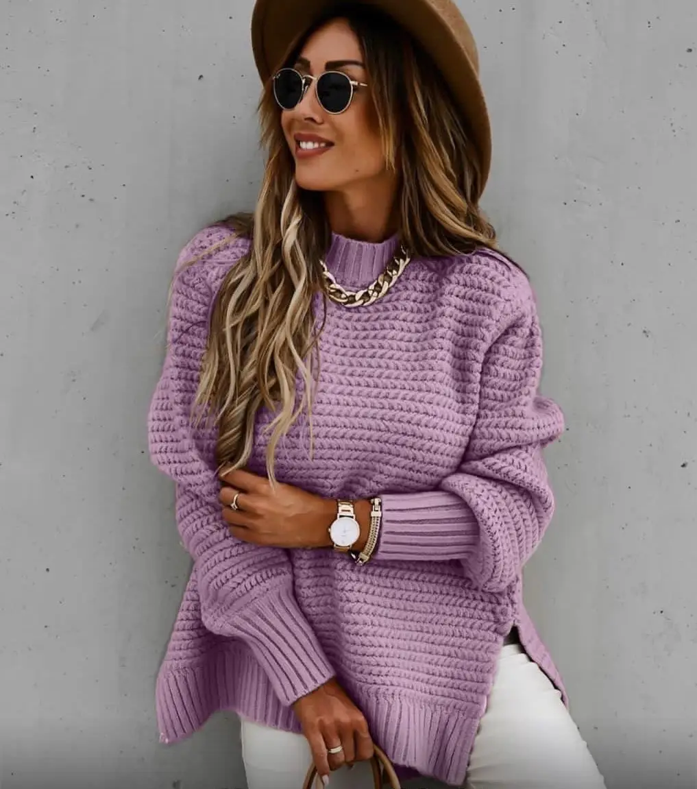 Pink Knitted Half Turtleneck Sweater for Women