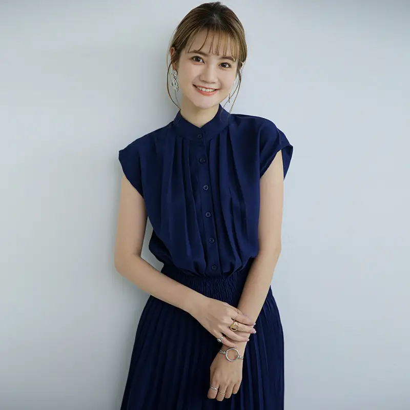 Korean Style Pleated Chiffon Dress Navy Blue