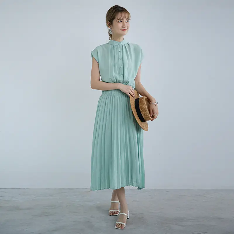 Korean Style Pleated Chiffon Dress Navy Blue