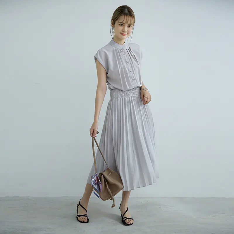 Korean Style Pleated Chiffon Dress Navy Blue