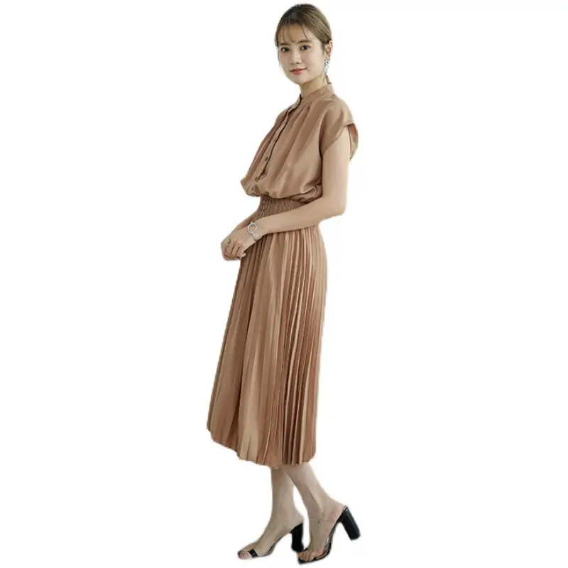 Korean Style Pleated Chiffon Dress Navy Blue