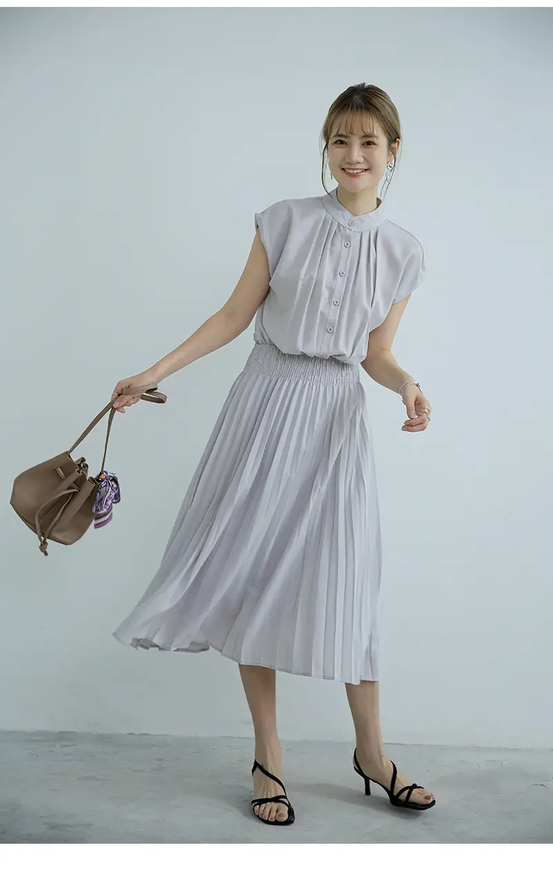 Korean Style Pleated Chiffon Dress Navy Blue — feature 10