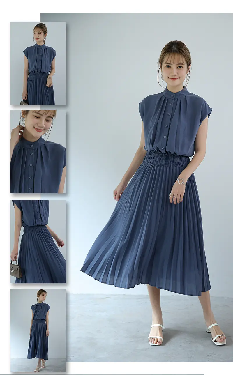 Korean Style Pleated Chiffon Dress Navy Blue — feature 11
