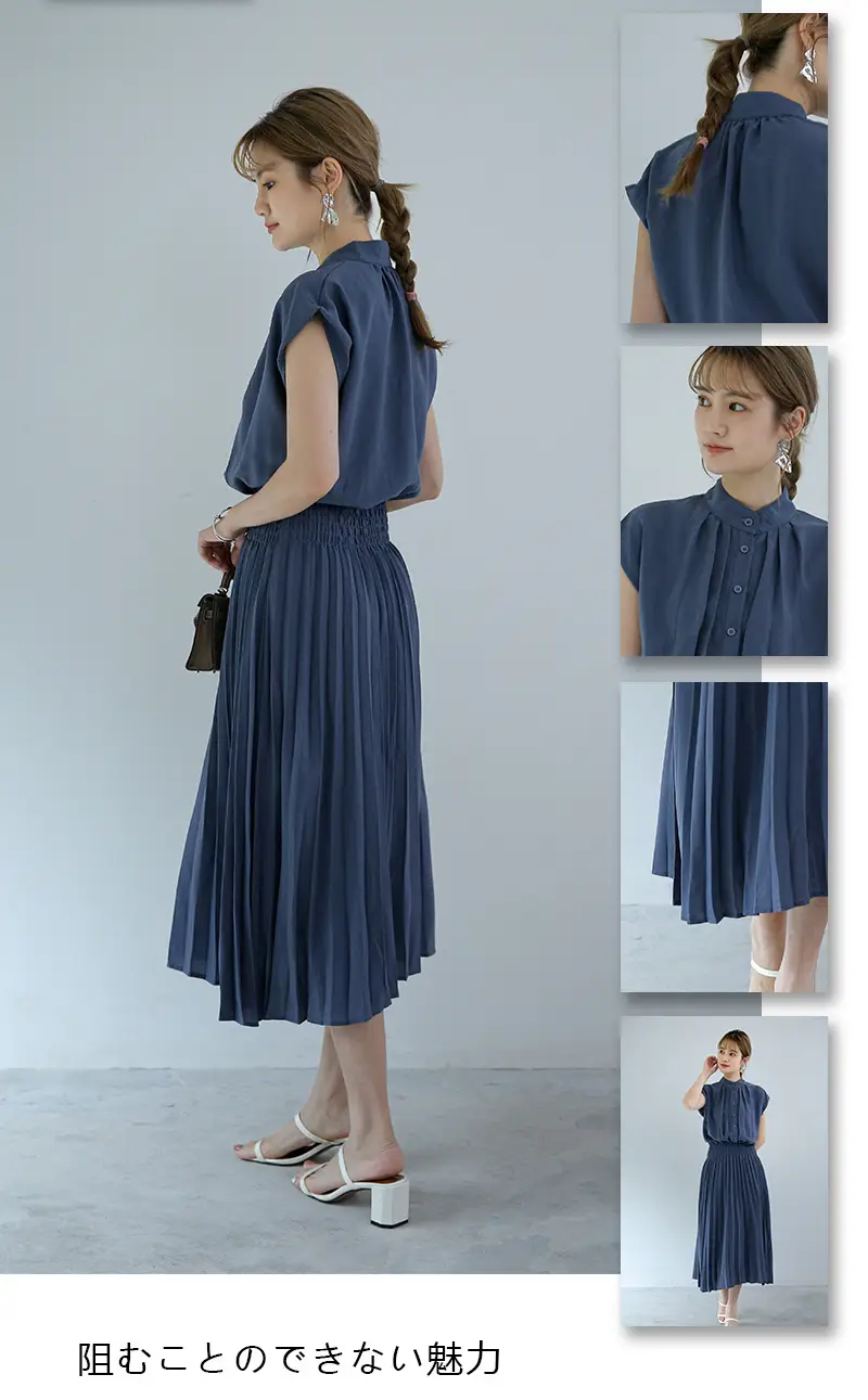 Korean Style Pleated Chiffon Dress Navy Blue — feature 12