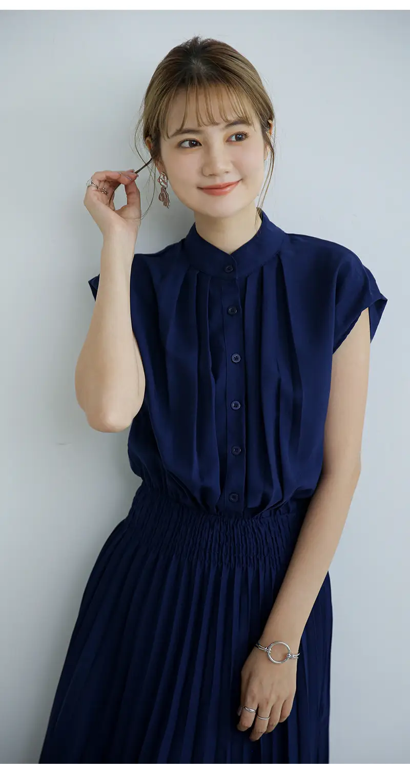 Korean Style Pleated Chiffon Dress Navy Blue — feature 17