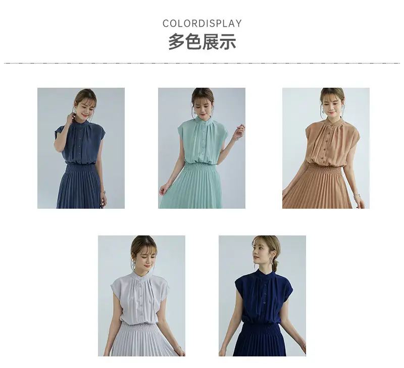 Korean Style Pleated Chiffon Dress Navy Blue — feature 3