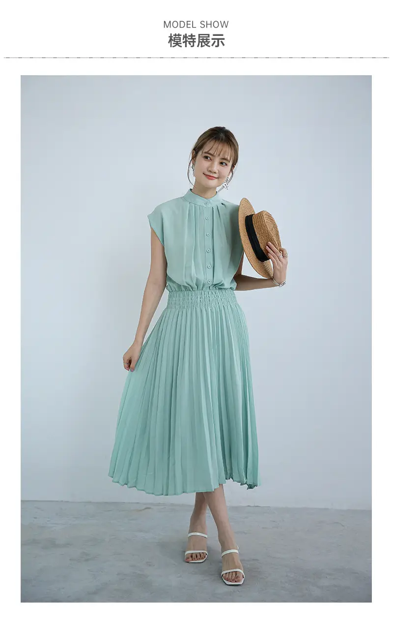 Korean Style Pleated Chiffon Dress Navy Blue — feature 5