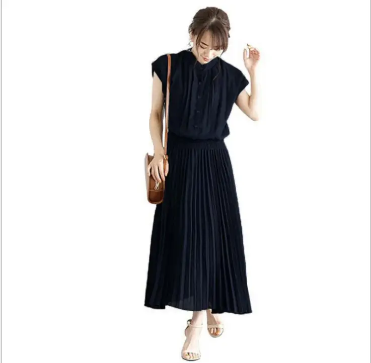 Korean Style Pleated Chiffon Dress Navy Blue
