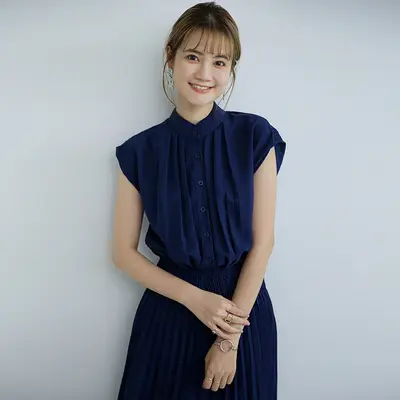 Korean Style Pleated Chiffon Dress Navy Blue
