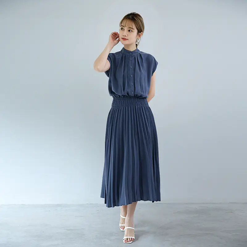 Korean Style Pleated Chiffon Dress Navy Blue