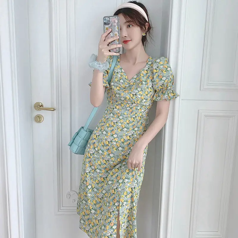 2024 Summer Floral Green Slim Fit Dress with Puff Sleeves