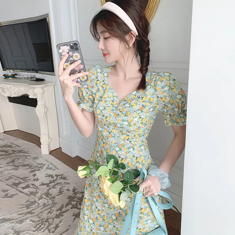 2024 Summer Floral Green Slim Fit Dress with Puff Sleeves