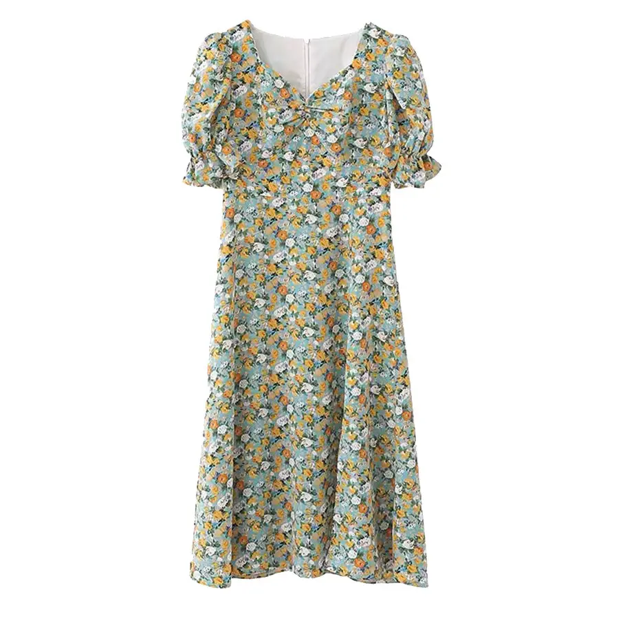 2024 Summer Floral Green Slim Fit Dress with Puff Sleeves