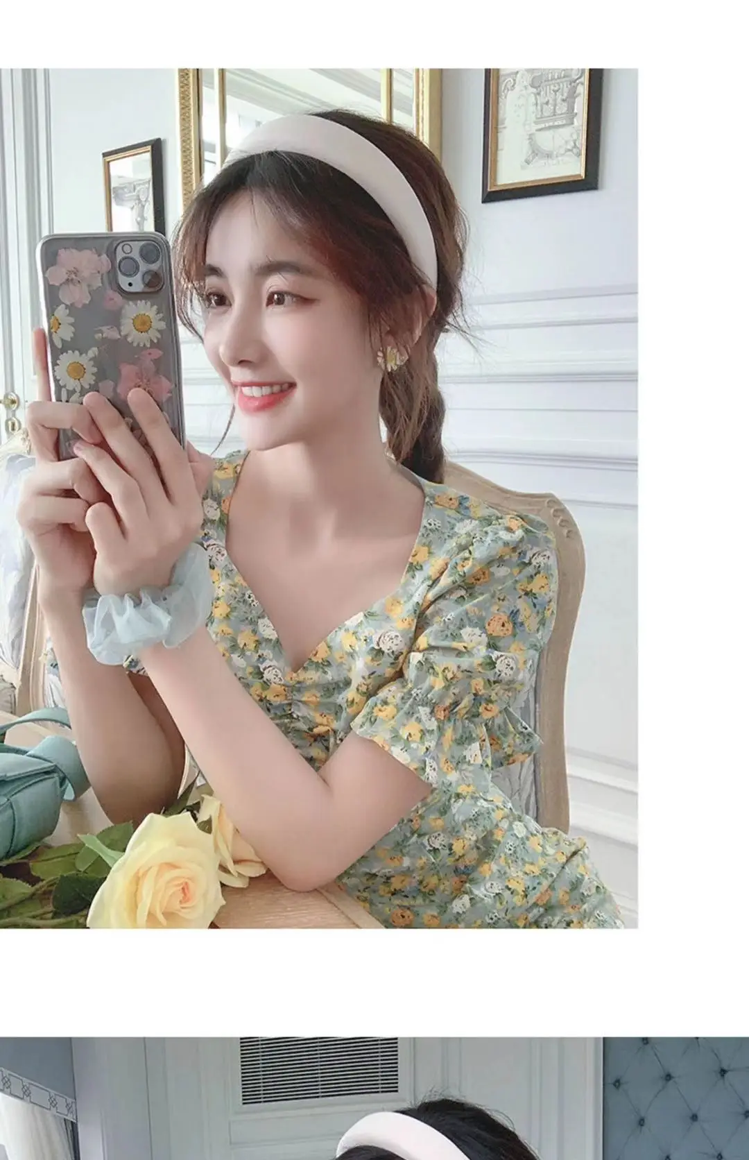 2024 Summer Floral Green Slim Fit Dress with Puff Sleeves — feature 10