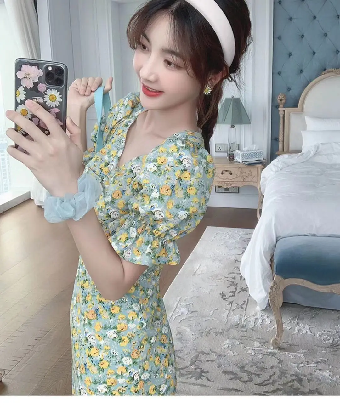 2024 Summer Floral Green Slim Fit Dress with Puff Sleeves — feature 11