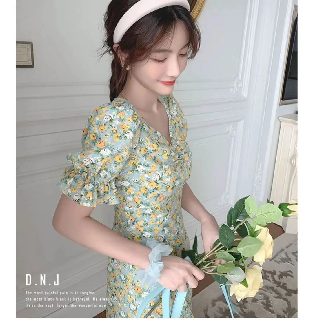 2024 Summer Floral Green Slim Fit Dress with Puff Sleeves — feature 13