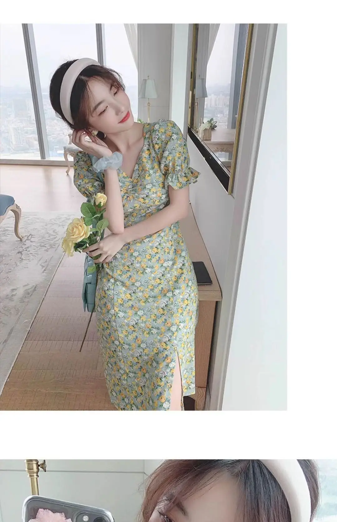 2024 Summer Floral Green Slim Fit Dress with Puff Sleeves — feature 14