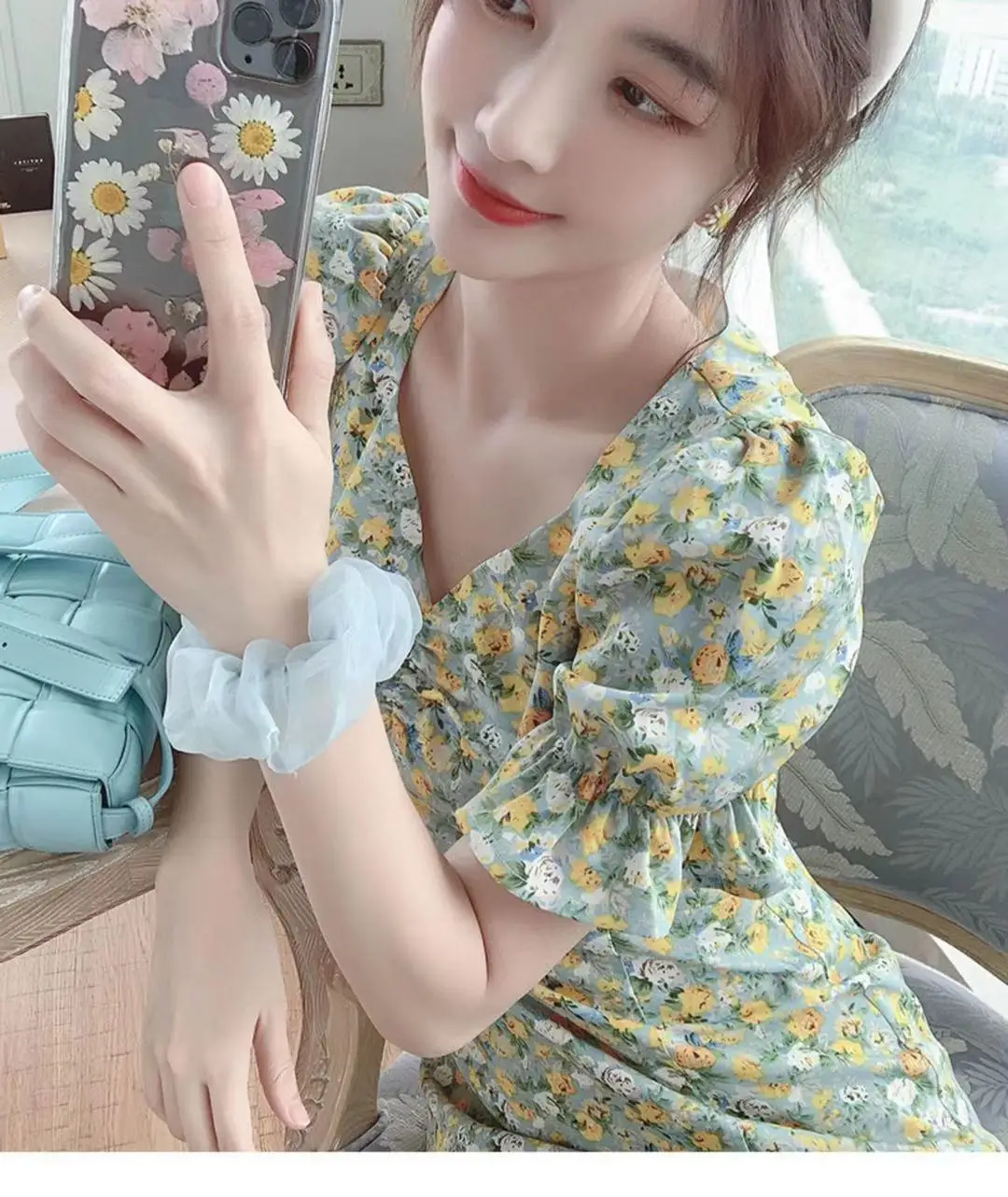 2024 Summer Floral Green Slim Fit Dress with Puff Sleeves — feature 15