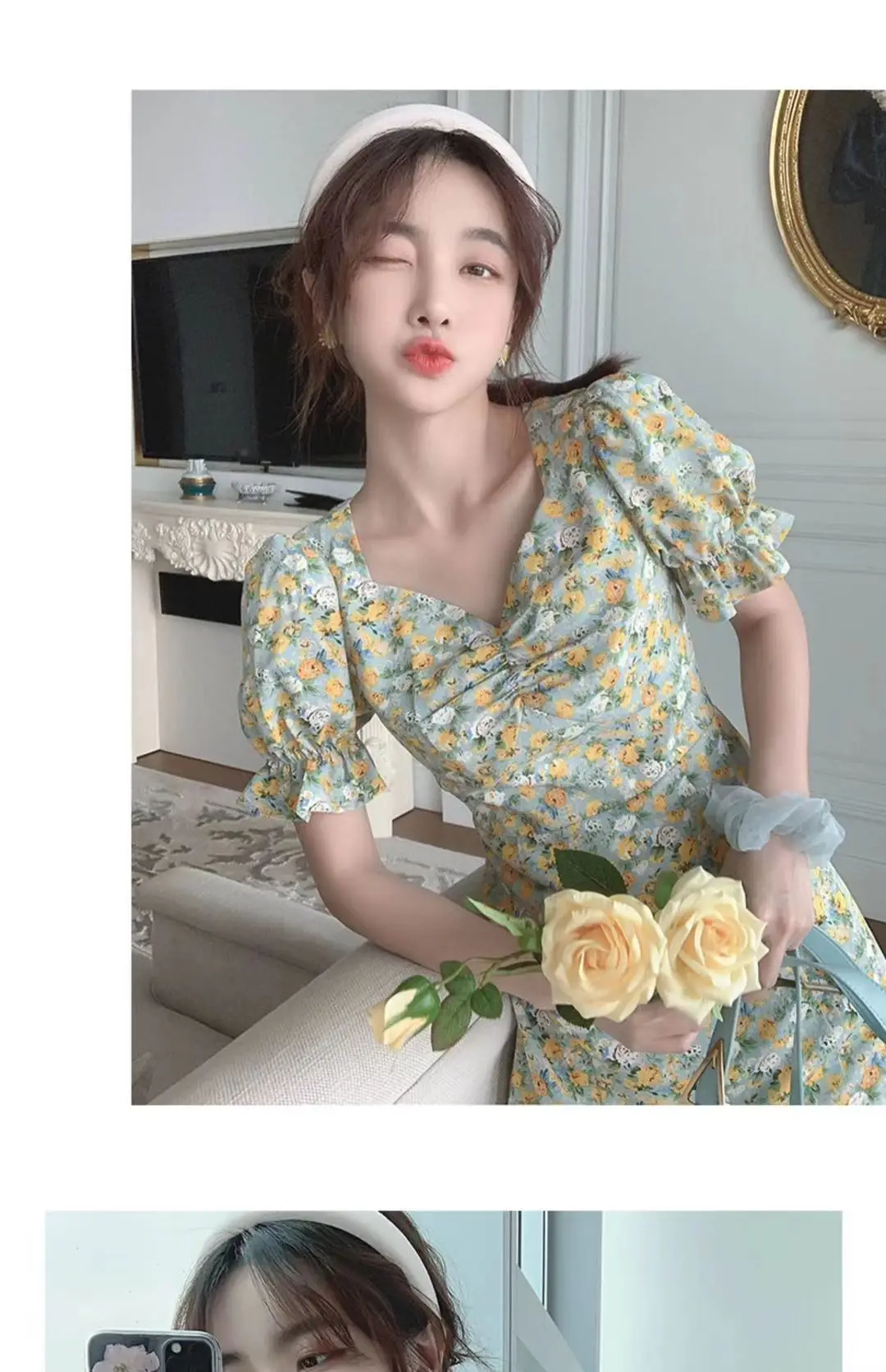 2024 Summer Floral Green Slim Fit Dress with Puff Sleeves — feature 16