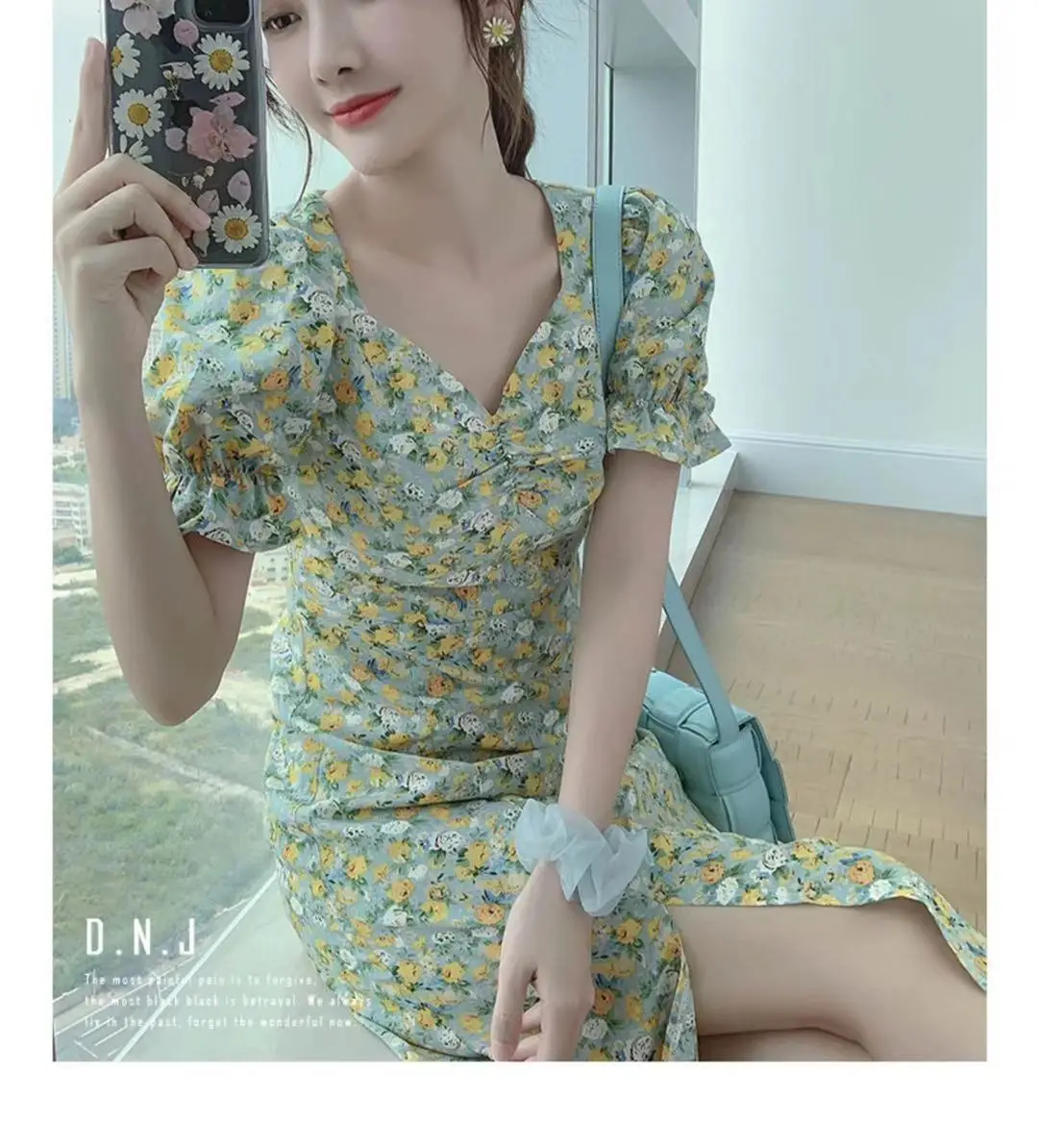 2024 Summer Floral Green Slim Fit Dress with Puff Sleeves — feature 17