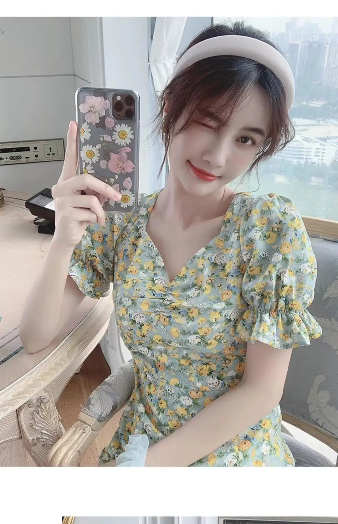 2024 Summer Floral Green Slim Fit Dress with Puff Sleeves — feature 2