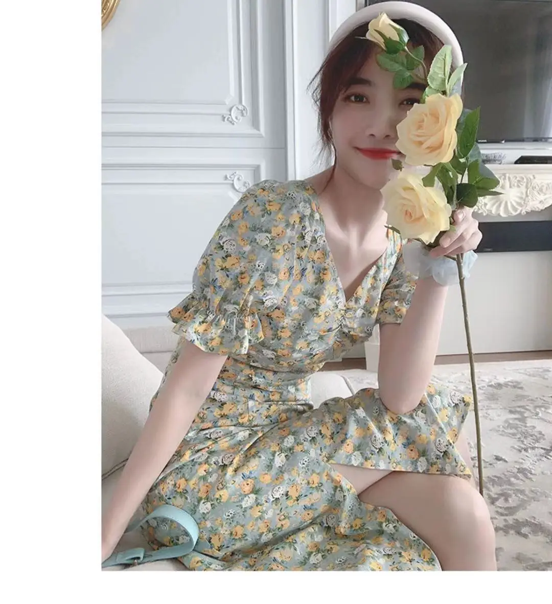 2024 Summer Floral Green Slim Fit Dress with Puff Sleeves — feature 3
