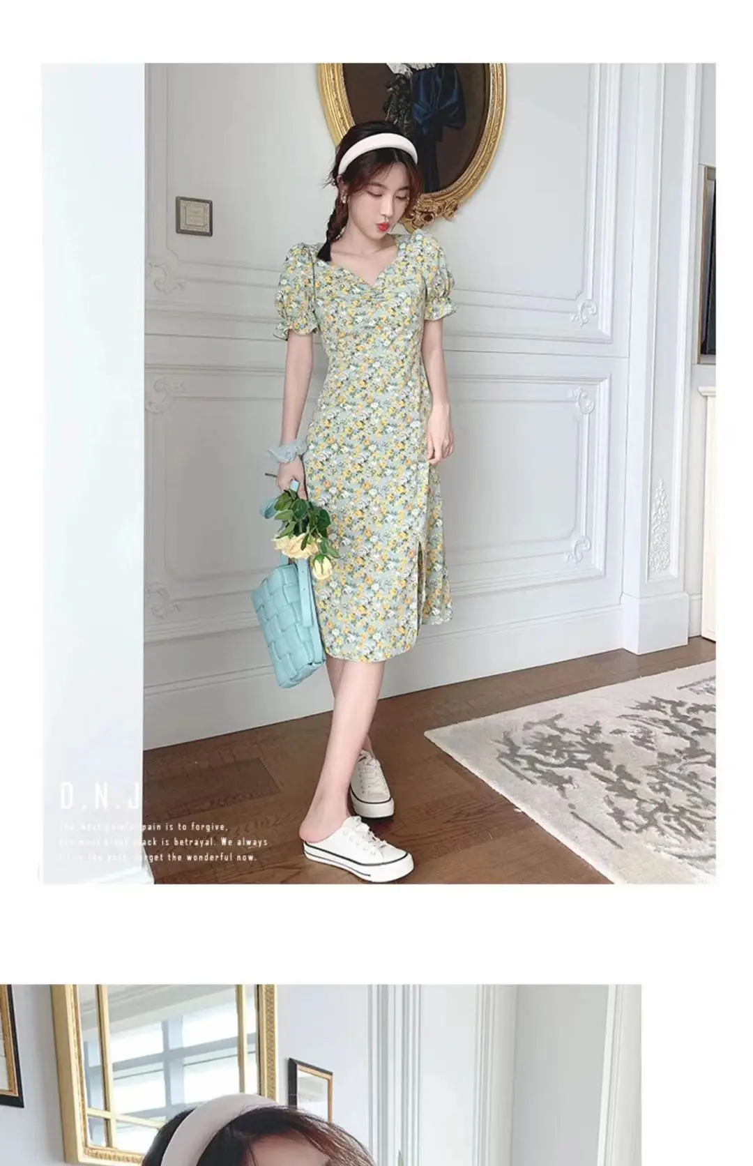 2024 Summer Floral Green Slim Fit Dress with Puff Sleeves — feature 4