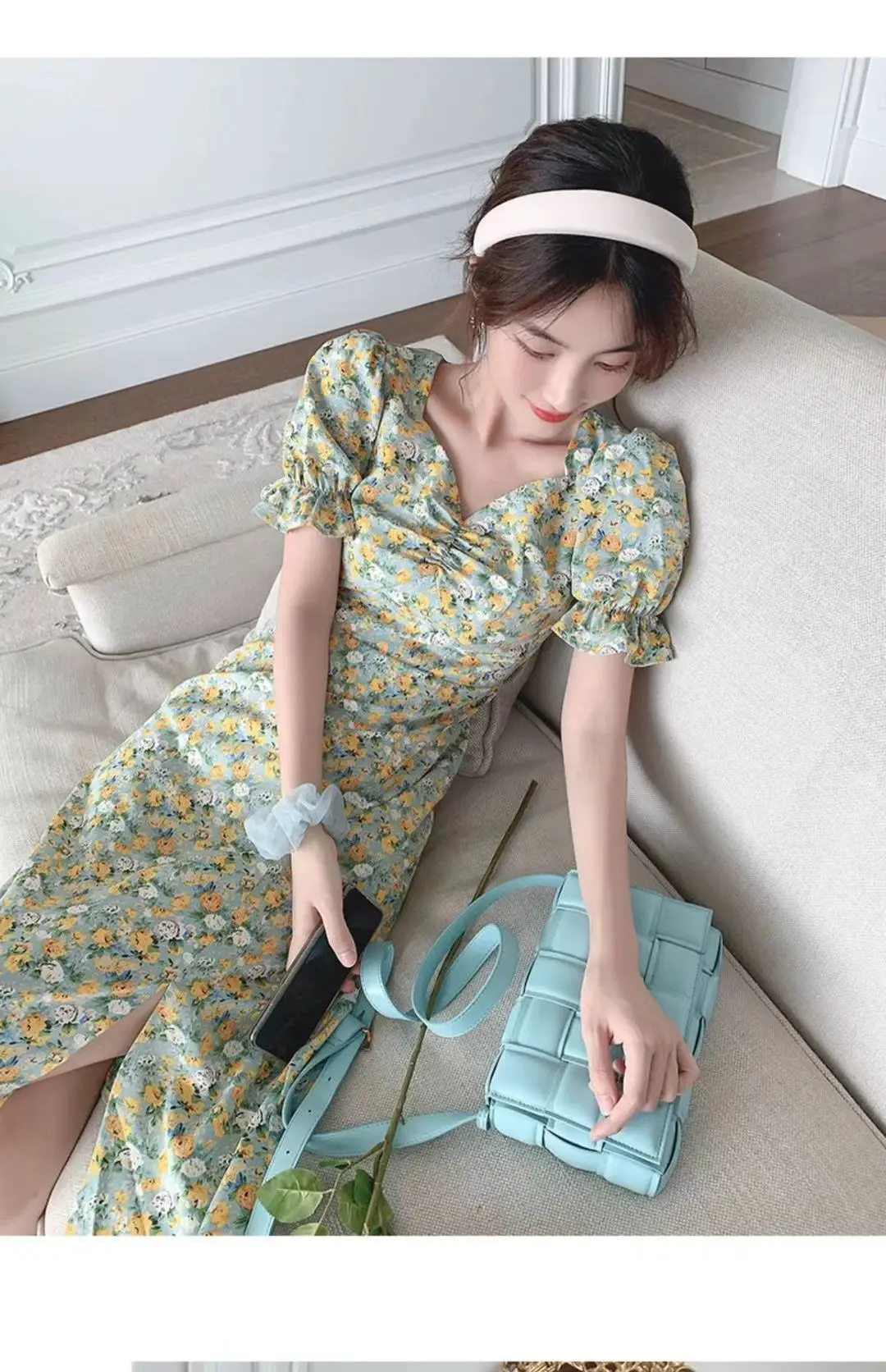 2024 Summer Floral Green Slim Fit Dress with Puff Sleeves — feature 6