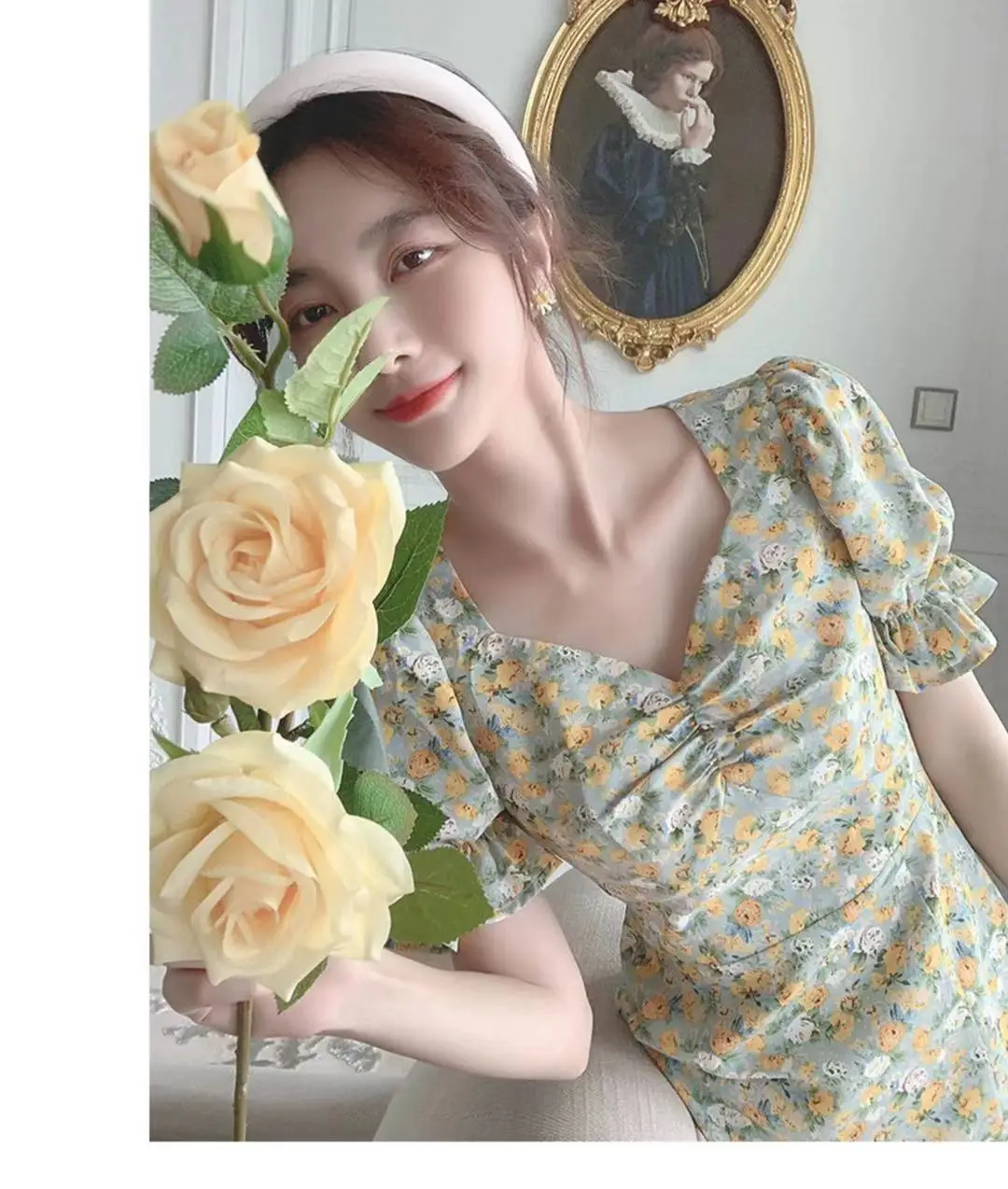 2024 Summer Floral Green Slim Fit Dress with Puff Sleeves — feature 7