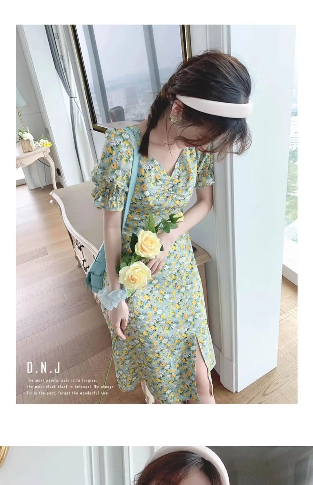 2024 Summer Floral Green Slim Fit Dress with Puff Sleeves — feature 8