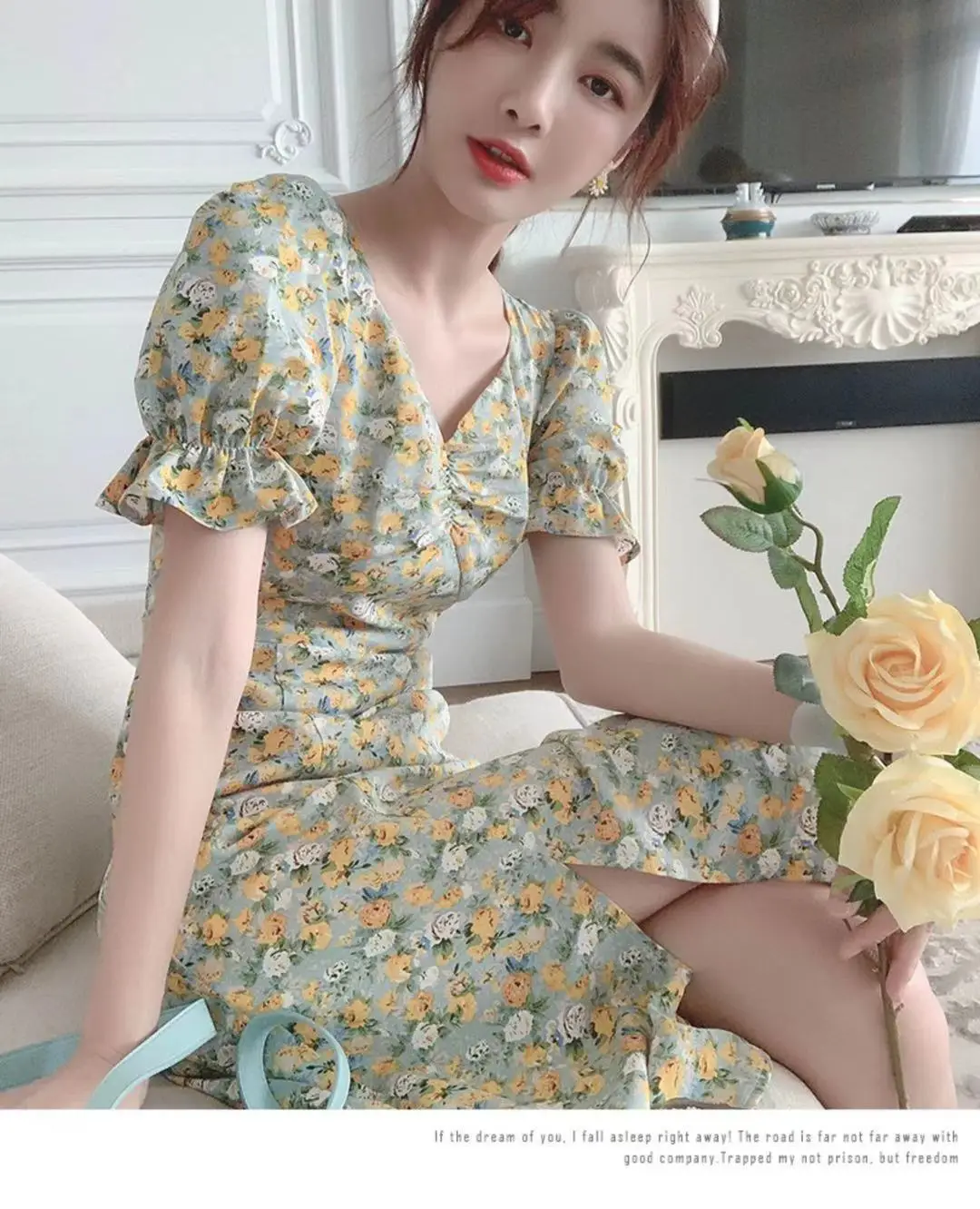 2024 Summer Floral Green Slim Fit Dress with Puff Sleeves — feature 9
