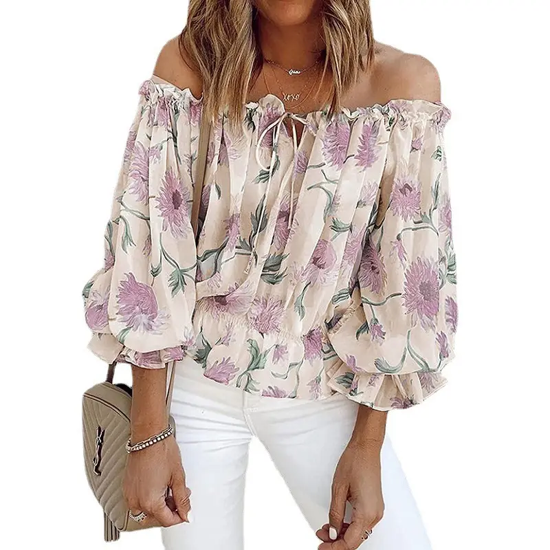 Women's Floral Chiffon Off-Shoulder Top with Ruffled Sleeves - Image 4