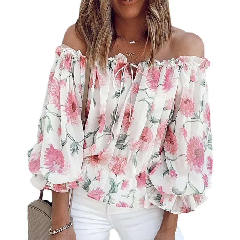 Women's Floral Chiffon Off-Shoulder Top with Ruffled Sleeves - Image 6
