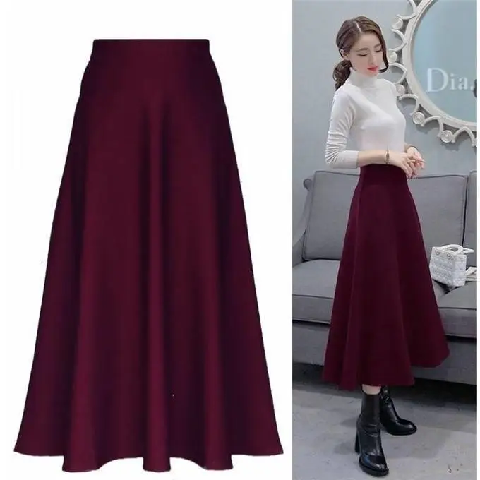 Elastic Waist Long Skirt Maroon Large Size - Image 2