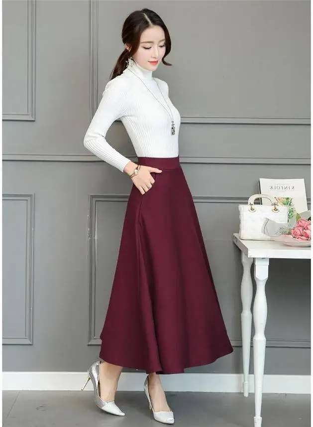 Elastic Waist Long Skirt Maroon Large Size — feature 10